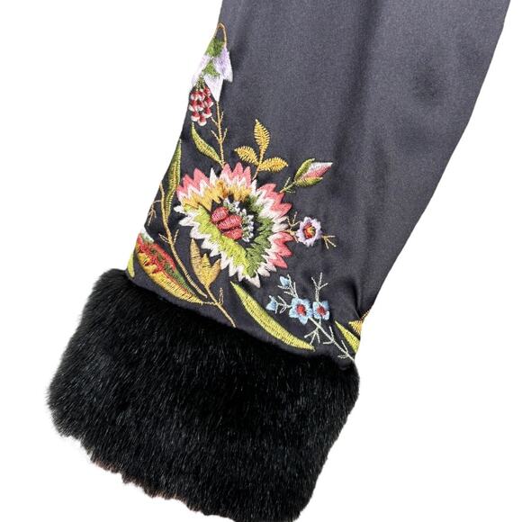Vintage Sue Wong Floral Embroidered Silk Duster Coat 4 Faux Fur Long Black - Picture 5 of 8